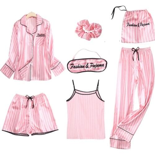 Pajamas Sets Women Silk Satin Sleepwear Female Autumn Winter Sexy Lingeries Nightwear Home Clothes Loungewear 7 Pieces PIjama