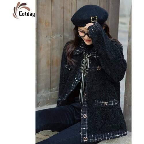 Cotday Short Winter Lamb Hair For Spring New Women Vintage Warm Little Fragrance Pockets Female Retro Woolen Blend Overcoats