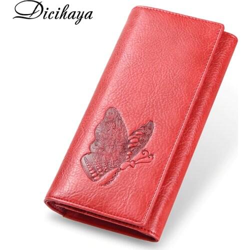 DICIHAYA Genuine Leather Women Wallet Long Purse Butterfly Embossing Wallets Female Card Holders Carteira Feminina Phone bag