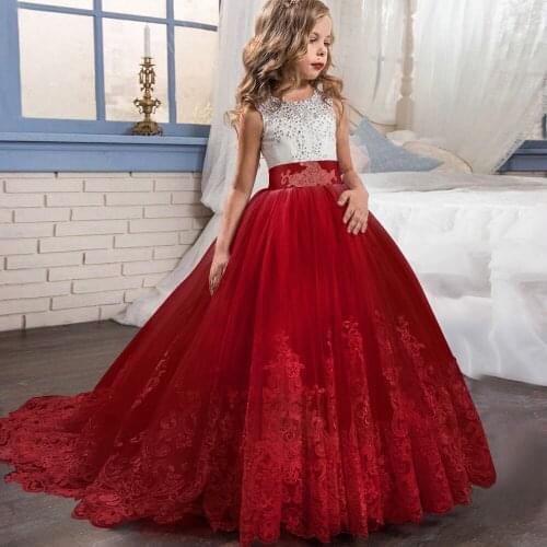 Red Girl Lace Embroidery Christmas Birthday Party Dress Wedding Gown Formal Kids Dresses For Girls Bridesmaids Vestidos