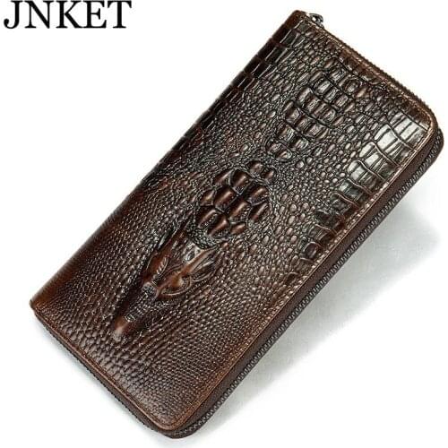 JNKET New Retro Mens Crocodile Pattern Wallets Handbag Cow Leather Long Wallet Card Holder Wallet Business Clutch Bag