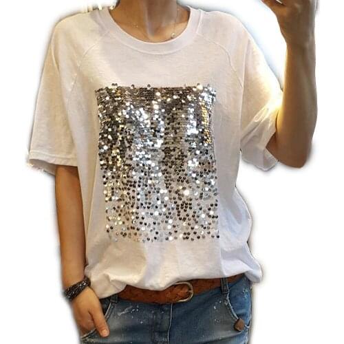 New Korean version of the loose large size cotton fashion sequins solid color T-shirt womens short-sleeved summer T-shirt