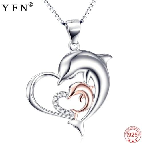 YFN Necklace 925 Sterling Silver Necklace Heart&Dolphin Pendant Necklaces Mother Baby Shower Gift Silver Chain Women 925 Jewelry