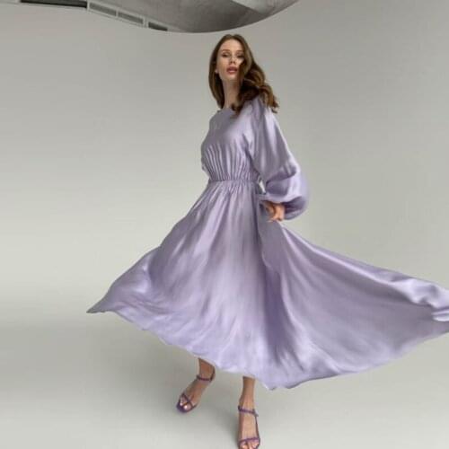 MUICHES O-Neck Elastic Waist Party Long Dress Female Sweet Lantern Sleeve Folds A-Line Satin Dresses For Women 2021 Holiday Fall