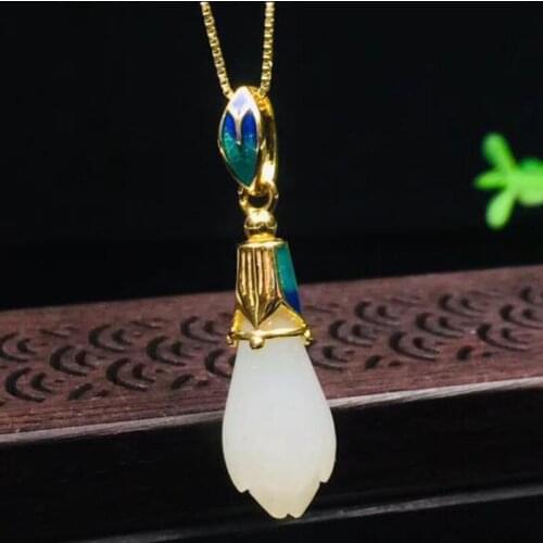 S925 Silver Chinese Hand-carved Hetian Gold Pendant Inlaid With White Magnolia Necklace Lucky Amulet Fine Jewelry Gift