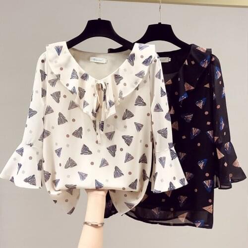 Vintage Clothes Womens Shirts Summer Ruffles Blouses Shirt Women V-Neck Three Quarter Sleeve Blusas Elegantes Female Print Tops