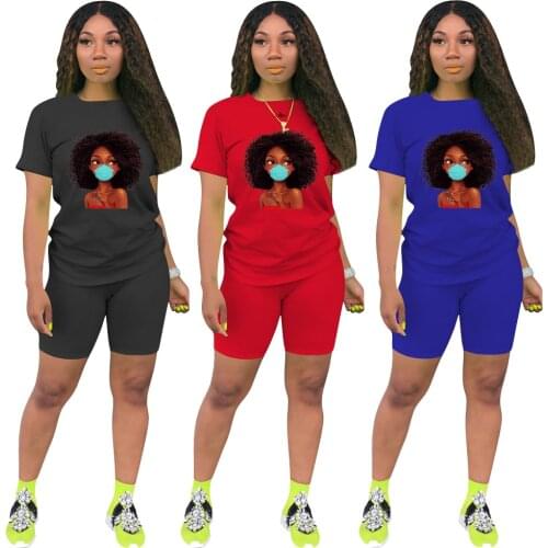 Women Clothing Summer O Neck Cartoon Printed T-Shirts Tops Shorts 2 Piece Set Casual Sport Womens Loungewear Set Wholesale Items
