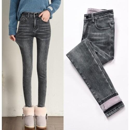 FNOCE 2020 autum winter womens jeans pants fashion elegant solid high waist skinny stretch Thick fleece warm denim long trouser