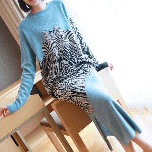 L-XXXL Large Size Casual Vintage 2 Piece Set Women Knitted Blouse and Oversized Skirt Ladies Print Autumn Winter Two Piece Set