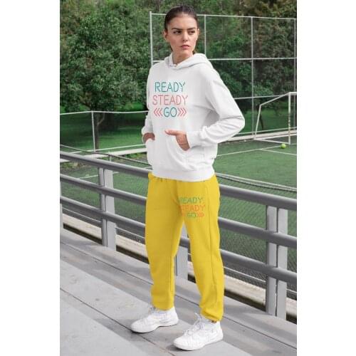 Angemiel Wear Ready Steady Women Tracksuit Set White Hooded Sweatshirt Yellow Sweatpants