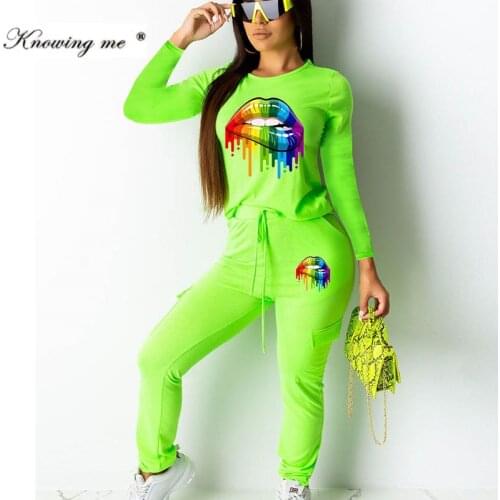 Women Colorful Lips Printed 2 Pcs tracksuit set Female Casual O neck Patchwork blpullovers Top and full pants sets dropshipping