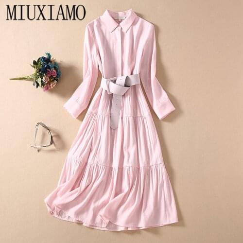 MIUXIMAO High Quality Newest Fashion Runway Long Dress Women Long Sleeve Stripe Retro Art Pink Designer Long Dress With Belt