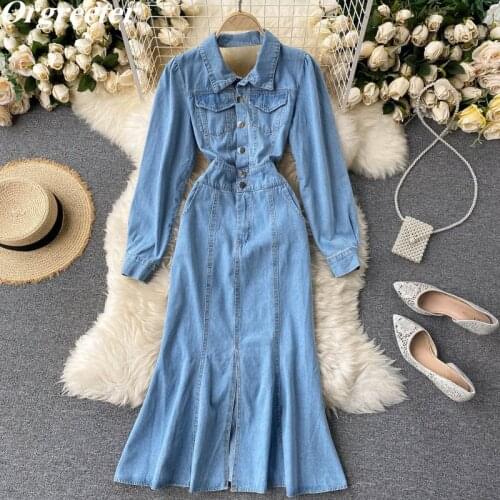 Autumn New Sexy Back Hollow Lapel Single-breasted Denim Shirt Dresses Women Elastic waist Slim Bodycon Split Long Cowboy Dress