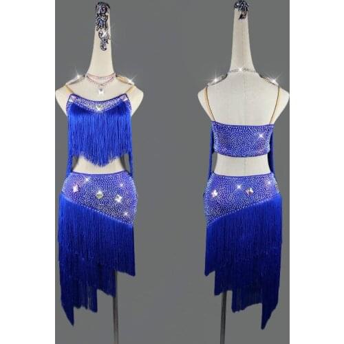 Blue Fringe Latin Dance Dress Women Adult Sexy Backless Professional Latin Dance Performance Clothes Customchildren Latin Dress
