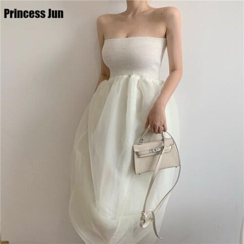 Sweet White Tube Top Mesh Dress Slim Holiday Island Beach Sea Fairy Dress Women Summer 2021 New Sexy Slash Neck Strapless Dress