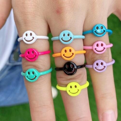 10Pcs Enamel Rainbow Smiling Face Finger Ring Adjustable Neon Enameled Jewelry Ring Party Gifts