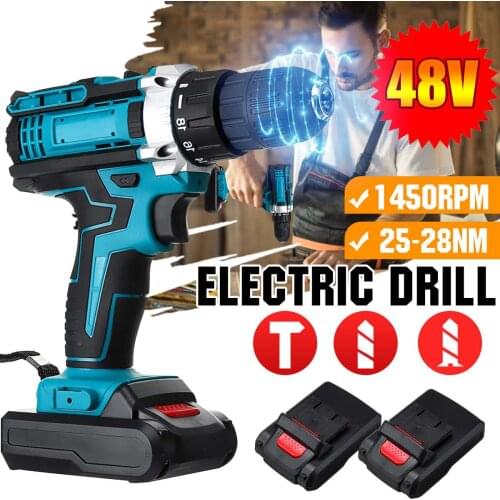 48V Cordless Drill Electric Screwdriver Drill 18+1 Torque Electric Hammer Drill Power Tool With 2Pcs Lithium-Ion Battery
