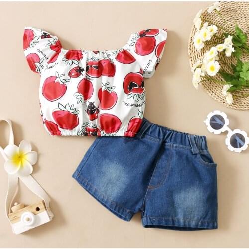 Childrens girls' shoulder top cartoon printed T-shirt shorts denim suit two piece set