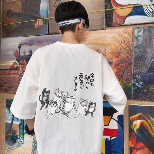 Harajuku Cartoon Cat Print T shirt Men Boy Korea Style Big Size White Black Genki Pussy Tee Summer Short Sleeve Slogan Tops