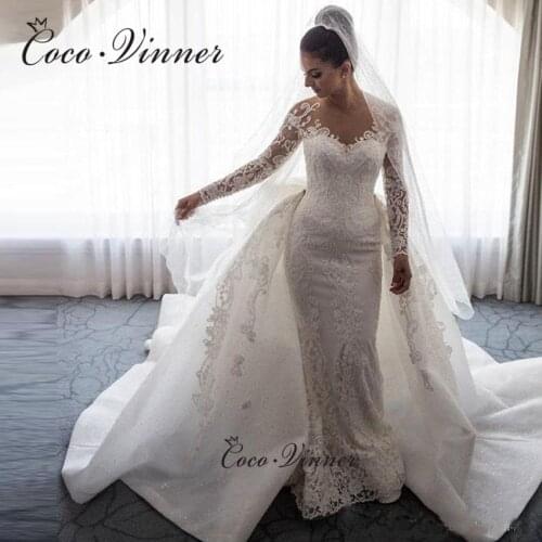 Quality Two in one Wedding Dress 2021 New Lace Appliques With Crystal Beading Mermaid Wedding Dresses Detachable Train W0688