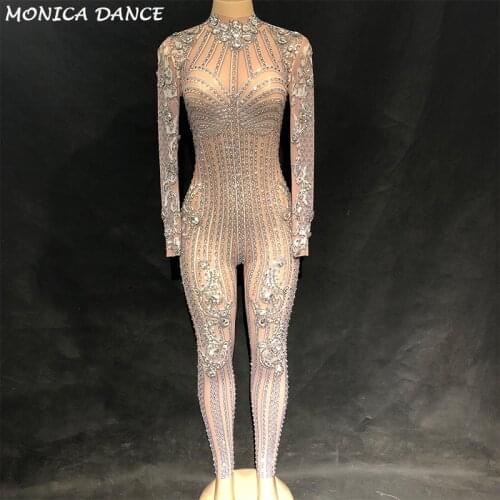 Women Sexy Stage Jumpsuit Net Yarn Full Of Sparkling Crystals Bodysuit Fashion Show Nightclub Party Birthday Stage Wear Bling