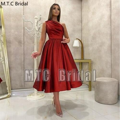 One Shoulder Short Burgundy Prom Dresses Tea Length A Line High Quality Satin Wedding Party Dress Plus Size Women Gown Wholesale