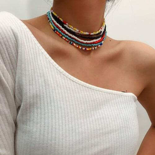 Trendy Vintage Ethnic Handmade Color Beads Multilayer Chain Vacation Fashion Choker Necklaces For Women Jewelry Bohemian