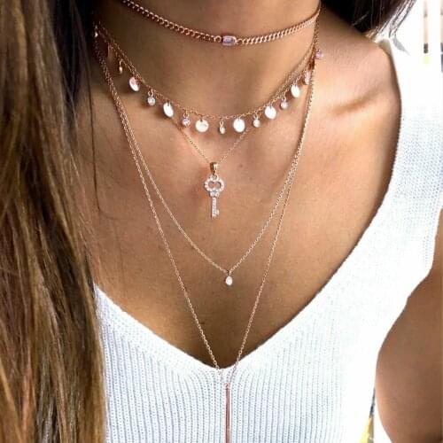 Fashion Jewelry Necklace Rhinestone Key Disc Womens Multi-layer Necklace Party Accessories Punk Gothic Bohemio Long Necklace