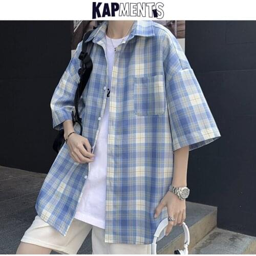 KAPMENTS Men Oversized Short Sleeve Plaid Shirts 2021 Spring Mens Harajuku Pockets Fashions Casual Shirt Korean Vintage Blouse