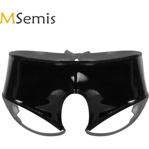 Mens Sissy Sexy Panties Porno Open Crotch Latex Underwear Homme Gay Organza Trim Wet Look Leather Briefs Erotic Crotchless Panty