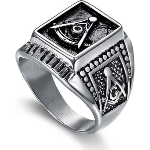 Punk Masonic Rings For Men Sliver Color Stainless Steel Vintage Square Ring AG Freemason Classic Jewelry Gifts Dropshipping