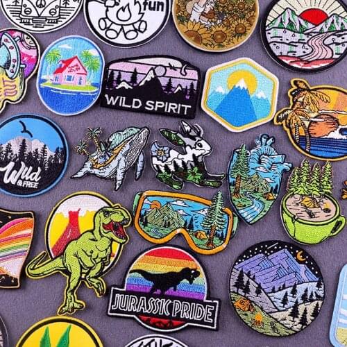 Mountain Adventure Patch Jurassic Park Patches For Jacket Outdoor Embroidered Patches For Clothing Iron On Patches For Clothes