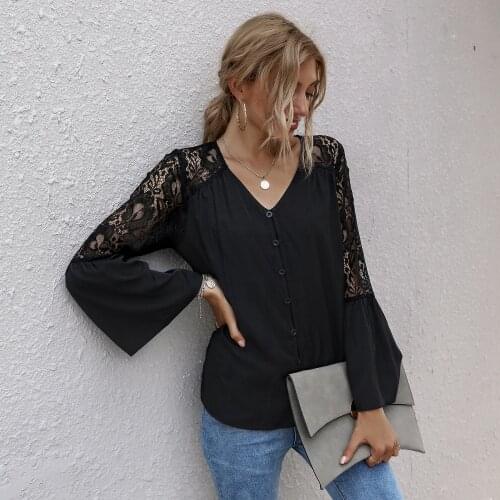 Autumn Casual Loose Shirt Lace Mesh See Through Patchwork V-Neck Long Sleeve Single-breasted Wild Blouse for Women Ladies