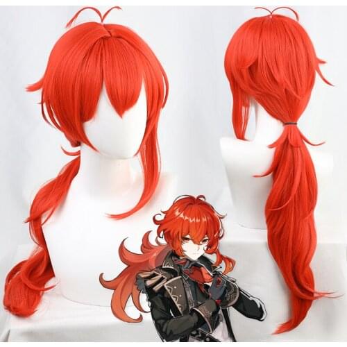 Game Genshin Impact Cosplay Wigs Diluc Pyro Cosplay Wig Synthetic Wig Orange Long Curly Hairs Cosplay Accessory Comic Anime