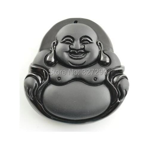 Natural Black Obsidian Maitreya Stone Pendants & Necklace Matte Laughing Buddha Thai lucky Women Jewelry
