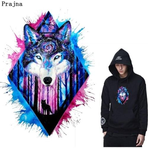 Prajna Punk Patch Iron On Transfers Hot Vinyl Thermal Patches For Clothing Applique DIY Colorful Wolf Heat Transfer Sticker Iron
