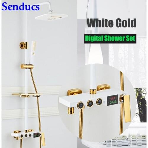 Senducs Interlligent White Gold Shower Set Quality Brass Bathroom Shower Faucet Rainfall Black Gold Digital Shower Sets