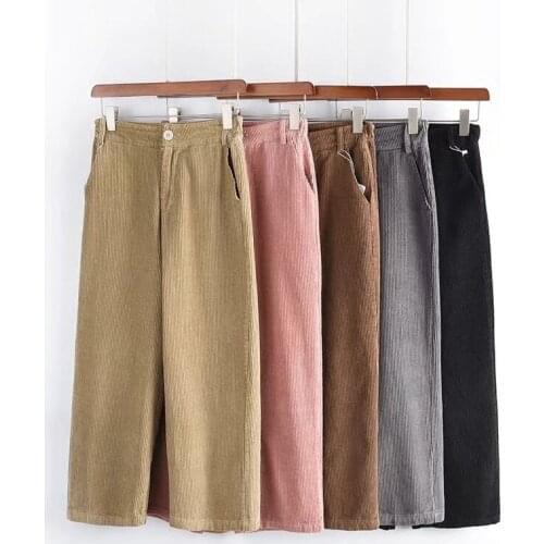 Show thin fine corduroy tall waist wide-legged pants Korean retro straight leisure nine minutes of pants, female trousers 30955