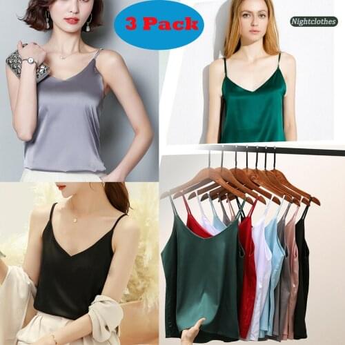 3PCS/Lot Summer Women Sexy Crop Tops Ladies Satin Silk Tank Tops V Neck Basic Camisole Female Vests Sleeveless Tees Sexy Tanks