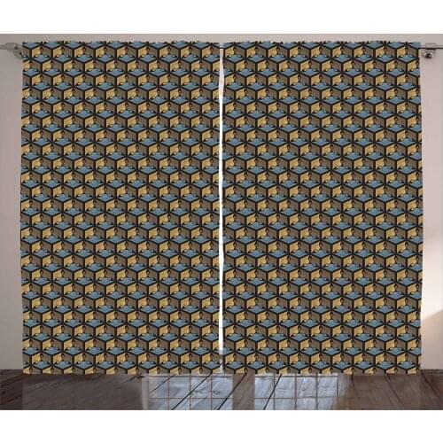 Japanese Geometric Curtains Cubic Look Retro Squares Satin Fabric Drapes for Living Room Bedroom 2 Panel Window Set