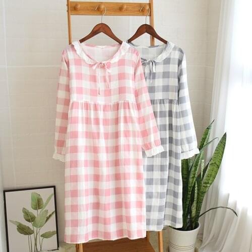 Womens New Double Layer Gauze Nightdress Spring Long Sleeve Simple Plaid Nightgown Plus Size Sleepwear Cotton Sleeping Dress