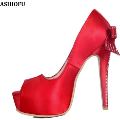 ASHIOFU Handmade Womens High Heel Pumps Slip-on Peep-toe Party Prom Dress Shoes Butterfly Large Size Fashion Evening Court Shoes