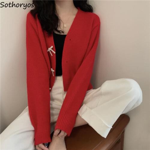 Women Temperament Cardigan Bow Button V-neck Loose Leisure Soft Solid Gentle Designer Females Sweaters Korean Style New-arrival