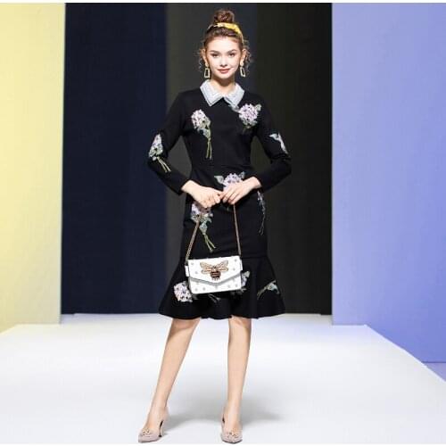Designer New WomenS Handmade Beading Lapel Fashion Elegant Retro Flower Embroidery High Quality Party Casual Midi Mermaid Dress