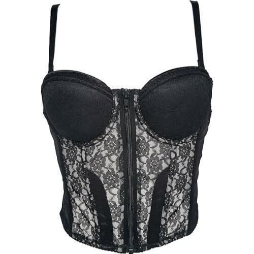 Black Lace Flower Front Zipper Fish Bone Women Gothic Sexy Bustier Female Waist Trainer Corset Sexy Lingerie SH027