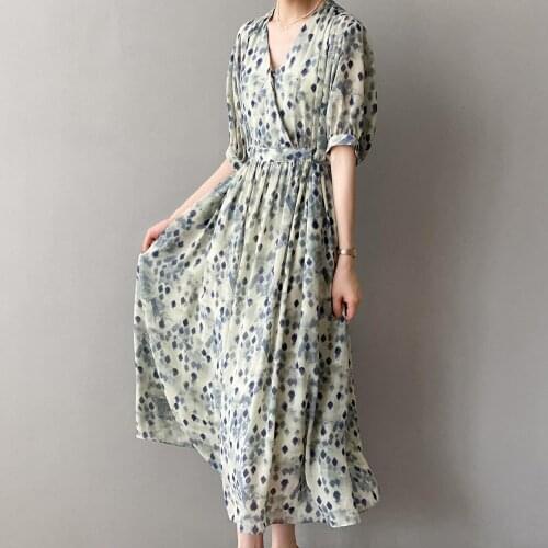Geometric Print V-neck Dresses Woman Summer 2021 New French Style Smudge Temperament Waist Belted A-line Green Dress