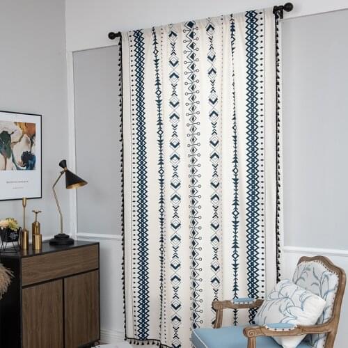 1 PC Panel Tassel Bohemian Blue Geometry Pattern Curtains for Living Room Modern Linen Door Drapes Home Decoration *VT