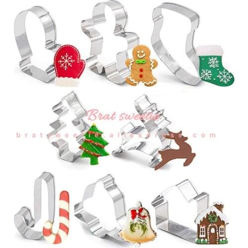 9pcs set Stainless Steel Christmas Cookie Cutters Gingerbread House Santa Claus Christmas Tree Baking Cake Biscuit Fondant Mold