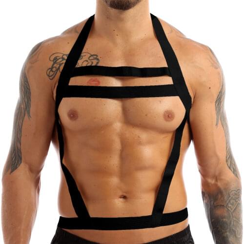 Men Lingerie Evening Party Nylon Halter Elastic Body Chest Harness Bondage Belt Elastic Wide Straps Hollow Out Halter Neck
