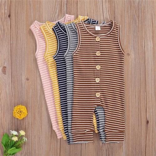 Summer Newborn Infant Baby Boy Girls Romper Sleeveless Cotton Button Stripe Jumpsuits Toddler Clothes